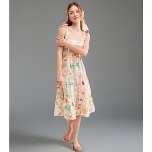 Anthropologie X Kachel Size 10 Floral Linen Adj Tie-Strap Zip Peasant MIDI Dress